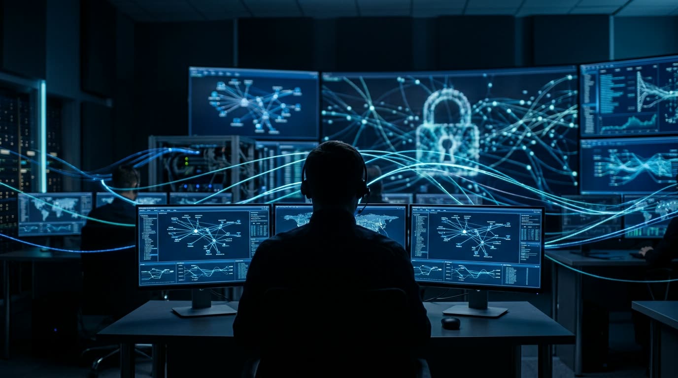 Centro de operaciones de ciberseguridad monitorizando una red