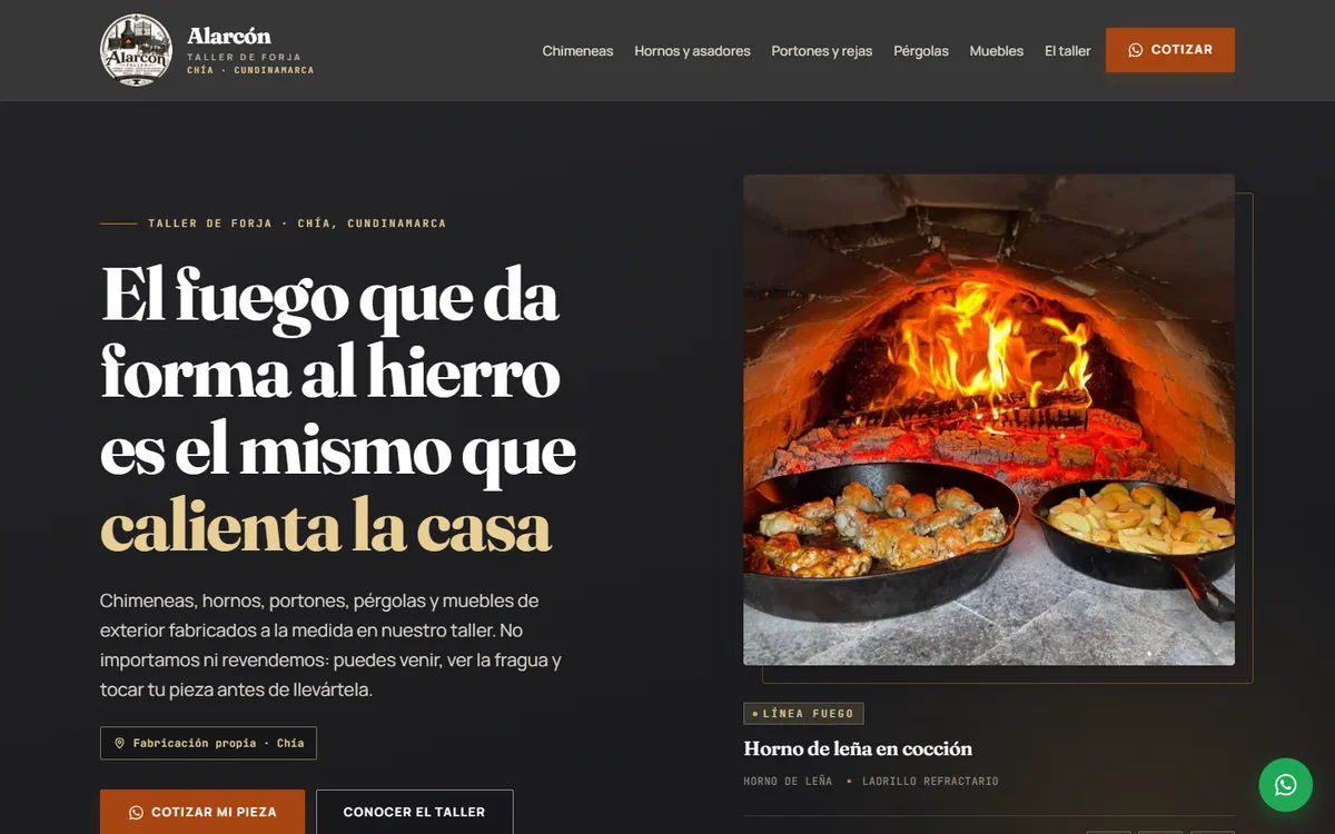 Portada del sitio de Chimeneas Alarcón: taller de forja en Chía con chimeneas, hornos y portones a la medida