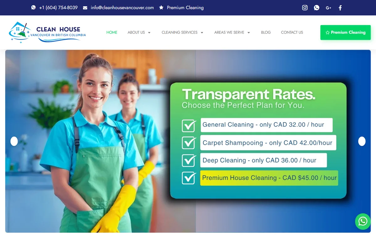 Portada del sitio de Clean House Vancouver: servicios de limpieza en Metro Vancouver