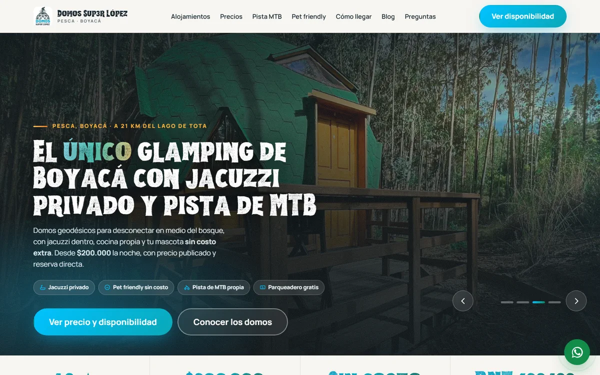 Portada del sitio de Domos Sup3r López: glamping con jacuzzi en Pesca, Boyacá