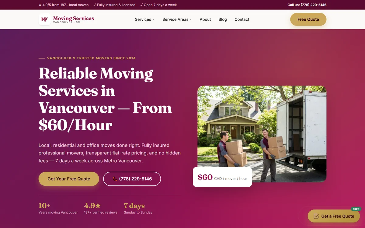 Portada del sitio de Moving Services Vancouver: servicios de mudanza en Vancouver
