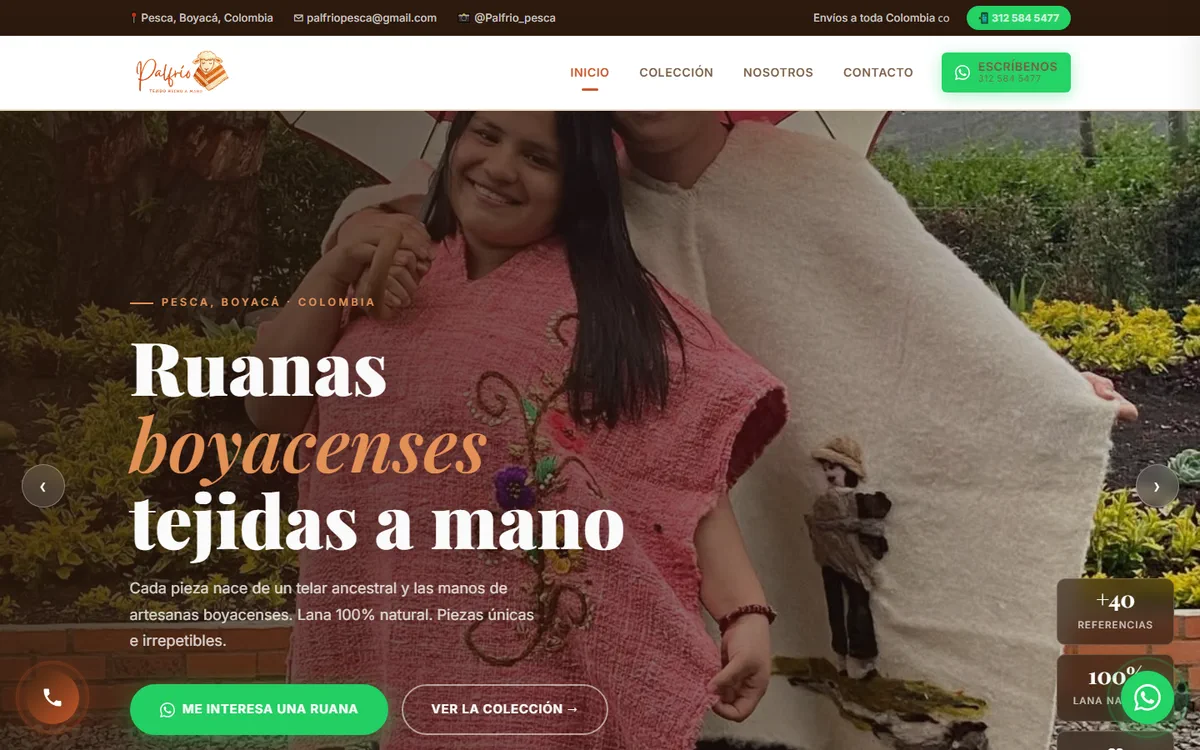 Portada del sitio de Palfrío: ruanas boyacenses tejidas a mano en Pesca, Boyacá