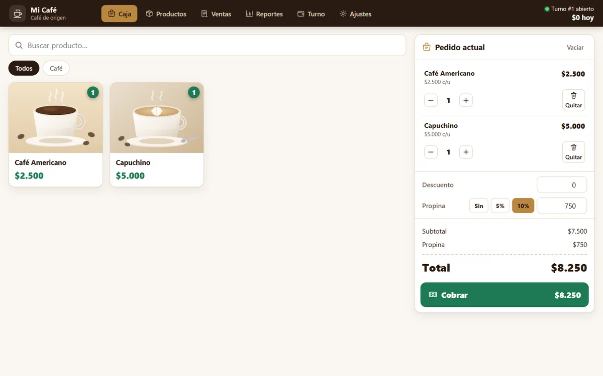 Pantalla de caja del sistema POS para cafetería con un pedido, propina del 10% y total a cobrar