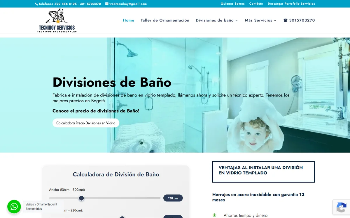 Portada del sitio de Tecnihoy Servicios: divisiones de baño en vidrio templado en Bogotá