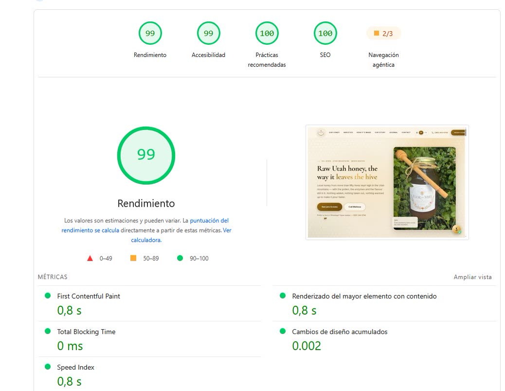 Resultado de PageSpeed Insights: 99 en rendimiento, 99 en accesibilidad, 100 en prácticas recomendadas y 100 en SEO, con LCP de 0,8 segundos y CLS de 0,002