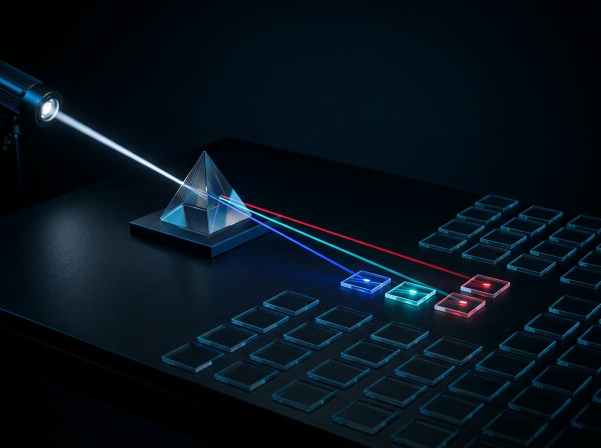 A beam of light through a prism splitting into three rays that light up three tiles while dozens stay dark