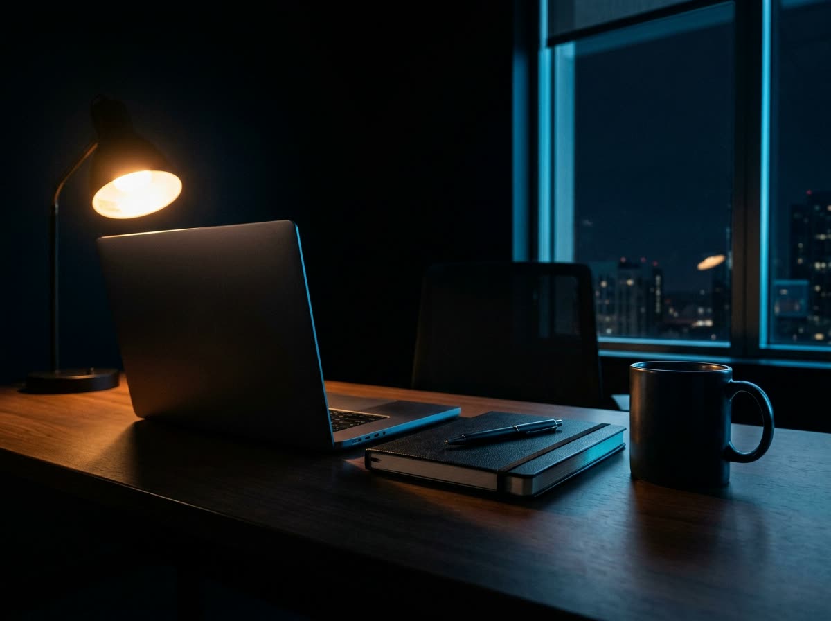 Escritorio de noche con un portátil cerrado, una libreta y una taza, iluminado por una lámpara cálida
