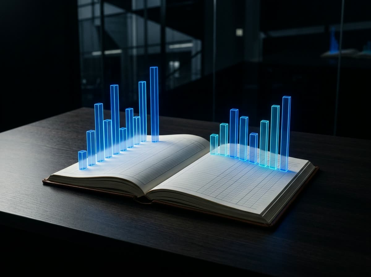 Libro de precios abierto con barras de luz saliendo de sus páginas, como una gráfica ascendente